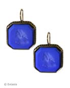 From our Mythos Collection, an opaque Lapis German glass intaglio earring in classic metal setting. Earring measures approx. 1 inch diagonally.  Shown in Bronze, French hook. 