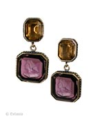 Another long time classic for our European customers, this clip drop earring in octagonal shapes. Very classic and handsome earring with faceted Smoky Topaz crystal top, and transparent Amethyst German glass intaglio drop. Earring measures 1 1/2 inches in length, by 3/4 inch wide. 