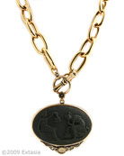 From our Minerva Collection,  opaque Jet German Glass Cameo on large bronze link chain. Beautiful scene from antiquity of two women, the large pendant measures 2 1/4 by 1 1/2 inches. Large link chain measures 18 inches. Shown in our signature bronze metal.