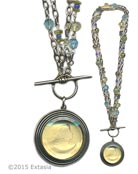 From our Scala Collection, our popular Convertible necklace in a transparent Jonquil German glass intaglio. Shown in Silver Plate. Large pendant measures 1 1/2 inches in diameter. Necklace of semi-precious stones can be worn either as one  long strand at 34 inches, or short and doubled, at 17 inches. 